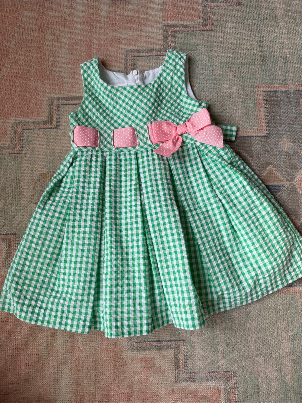 Bonnie Jean Green Gingham Dress with Pink Bow Accents